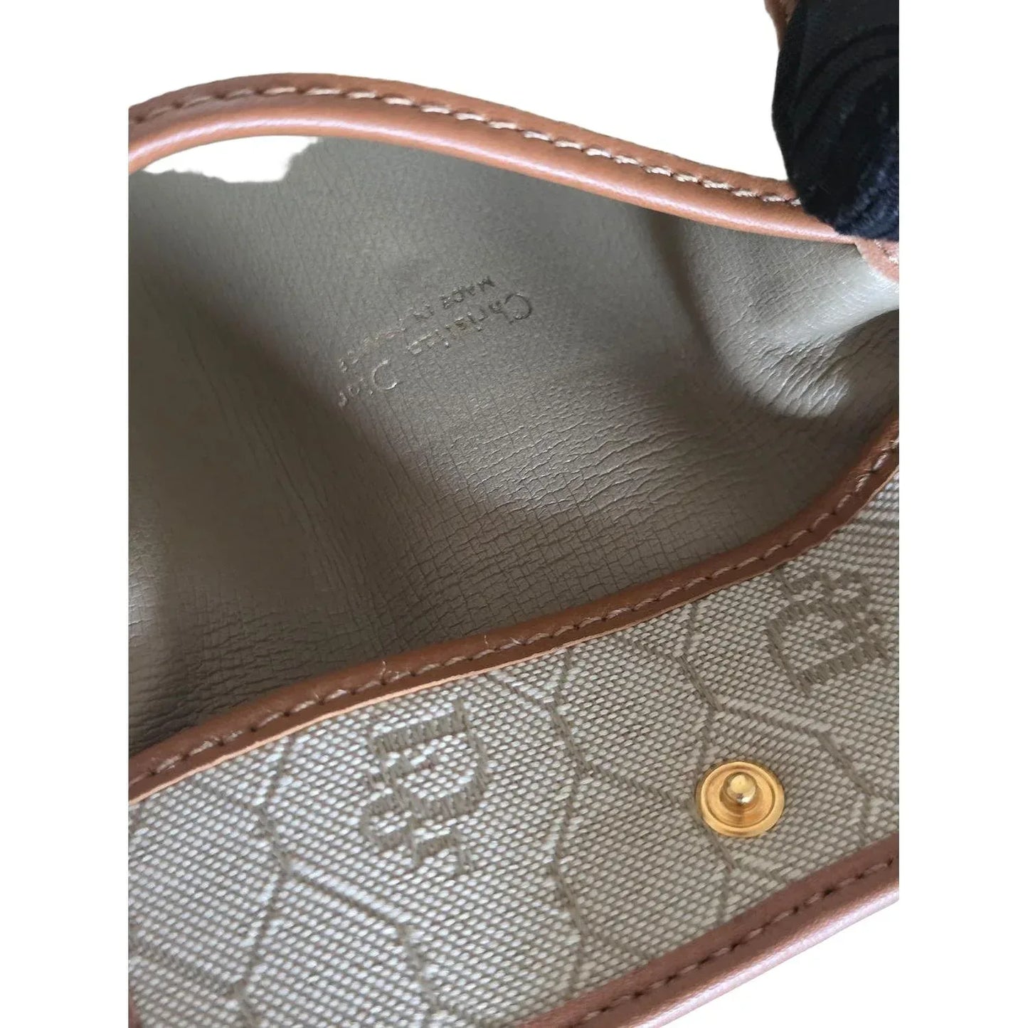 Christian Dior Vintage Beige Canvas Crossbody Bag Brown Leather Trim - VeeLuxeCollectives