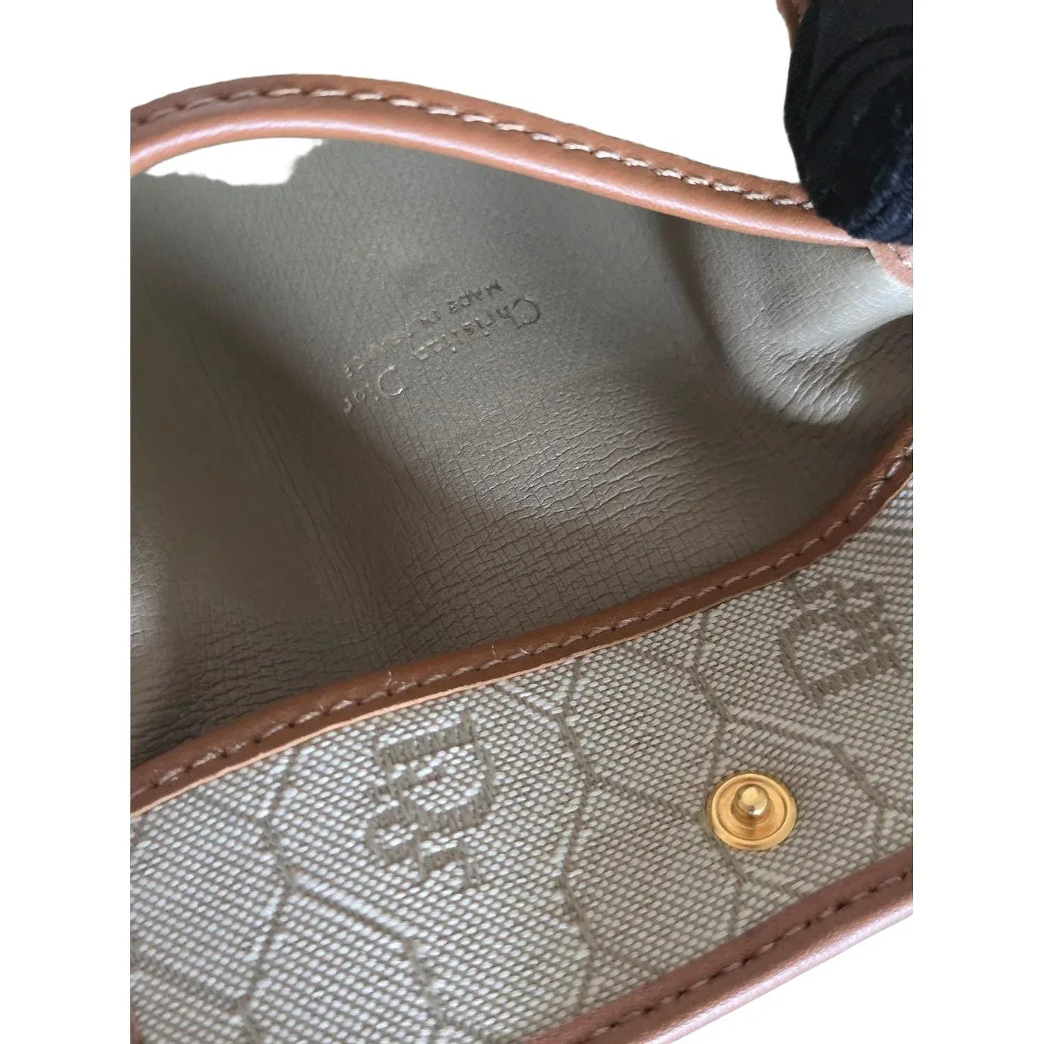 Christian Dior Vintage Beige Canvas Crossbody Bag Brown Leather Trim - VeeLuxeCollectives