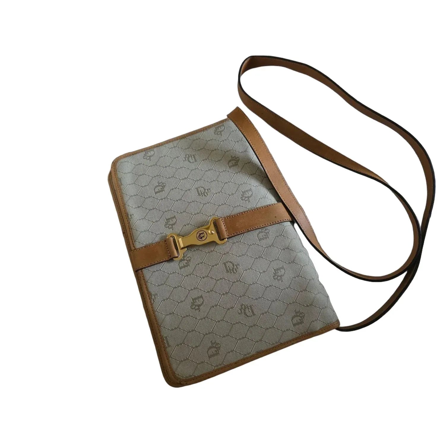 Christian Dior Vintage Beige Canvas Crossbody Bag Brown Leather Trim - VeeLuxeCollectives