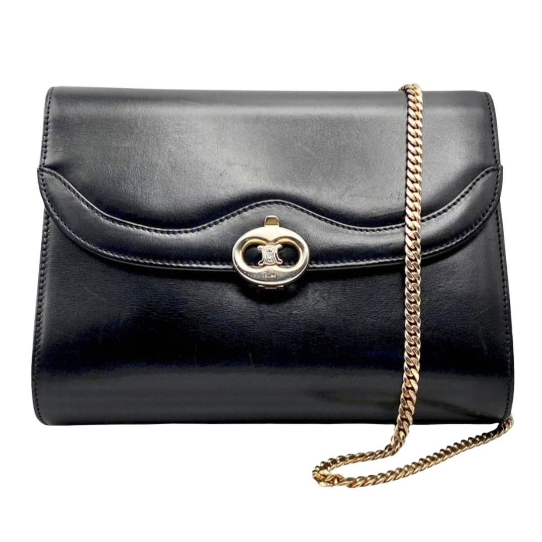 Vintage Celine 1980s Triomphe logo black leather crossbody bag, front view, Dasegna