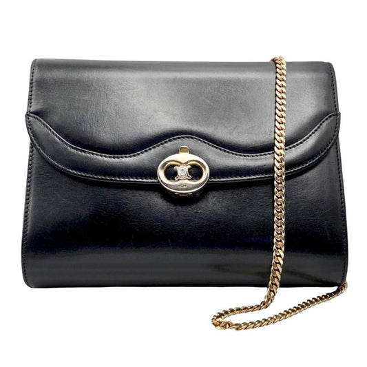 Vintage Celine 1980s Triomphe logo black leather crossbody bag, front view, Dasegna