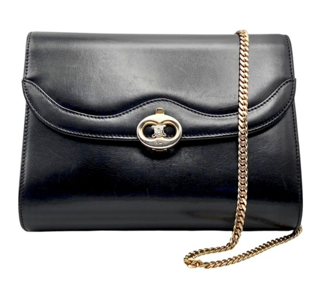 Vintage Celine Triomphe logo black leather crossbody bag, front view, Dasegna