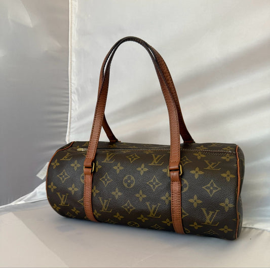 Louis Vuitton Papillon 26 monogram canvas barrel bag, brown, front view, Dasegna