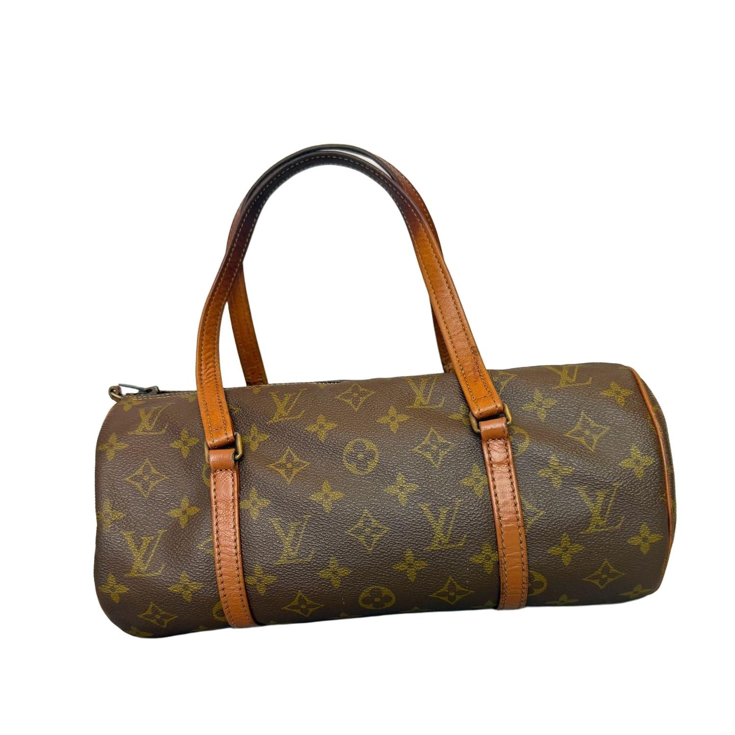 Vintage Louis Vuitton monogram Papillon 30 cylindrical handbag, brown, front view, Dasegna