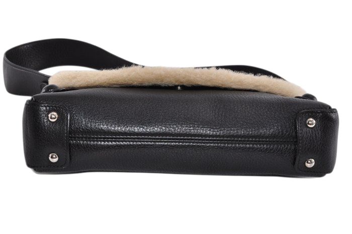 Salvatore Ferragamo Gancini Black Leather Bag with Shearling Trim