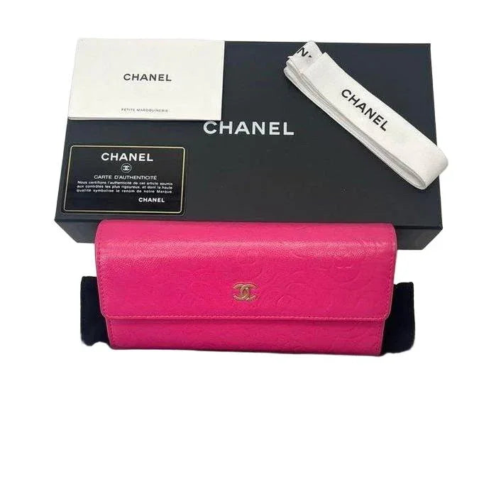 CHANEL Camellia Long Wallet Pink Lambskin Leather Gold Hardware - VeeLuxeCollectives