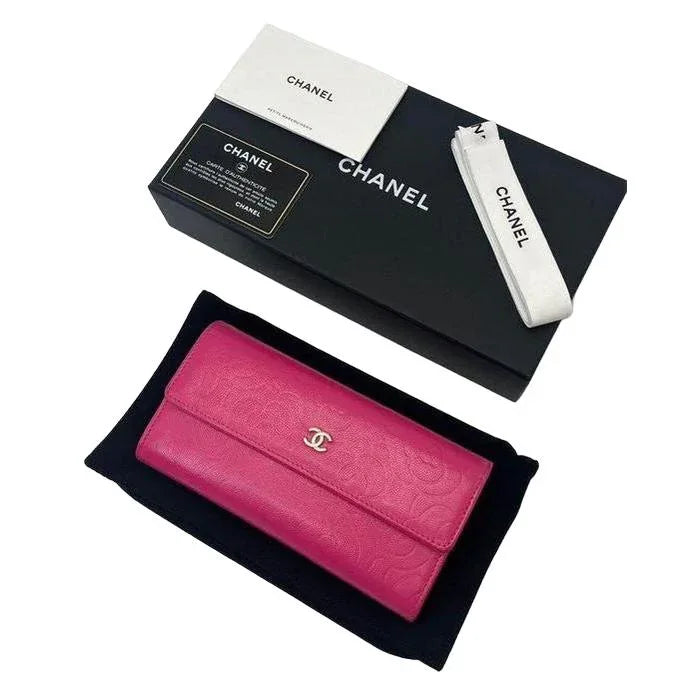 CHANEL Camellia Long Wallet Pink Lambskin Leather Gold Hardware - VeeLuxeCollectives