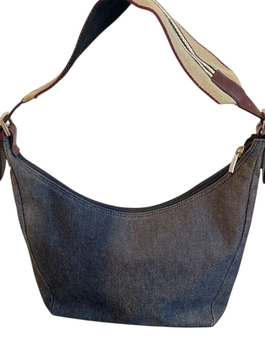 Authentic Burberry Blue Denim Shoulder Bag With Elegant Leather Trim