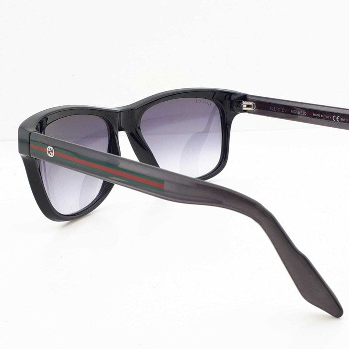 Gucci Black Wayfarer Sunglasses with Iconic Red and Green Temples