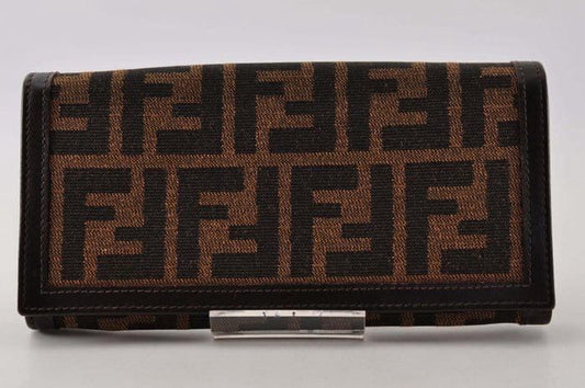 Fendi brown canvas and leather long designer wallet, front view, Dasegna