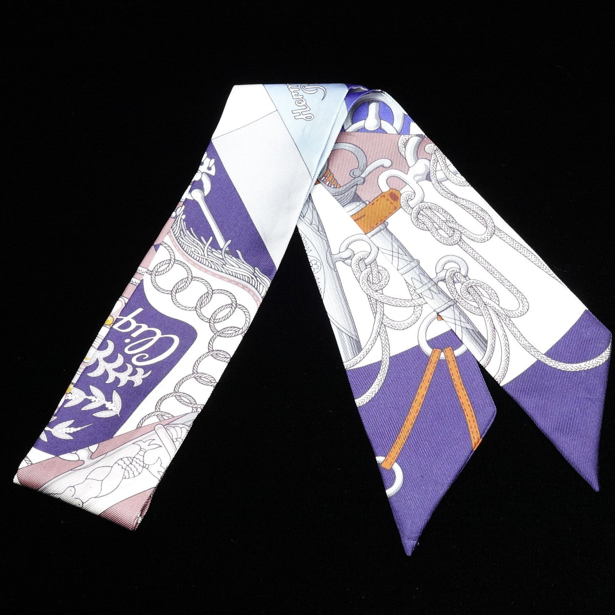 Hermès Twilly “Cliquetis” Navy Blue and Multicolour Silk Scarf