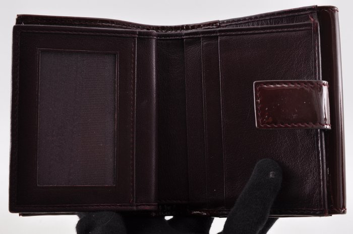 Salvatore Ferragamo Burgundy Patent Leather Bars Bow Long Wallet