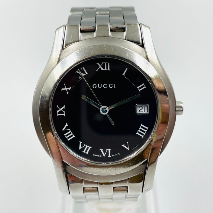 Gucci 5500M Men's Quartz Watch – Black Roman Numeral Dial, Swiss Made