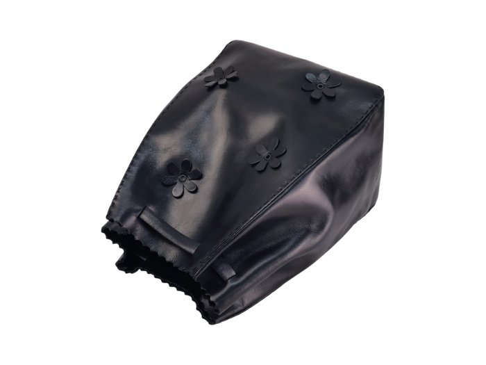 Prada Black Leather Floral Appliqué Drawstring Bag