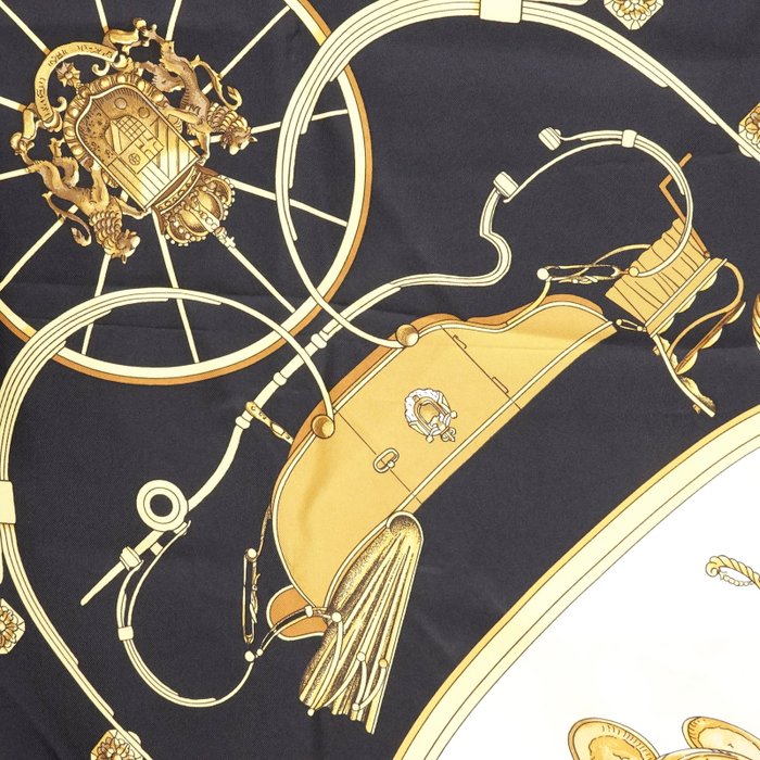 Hermès “Springs” Silk Carré Scarf 90 cm – Classic Equestrian Saddle Design