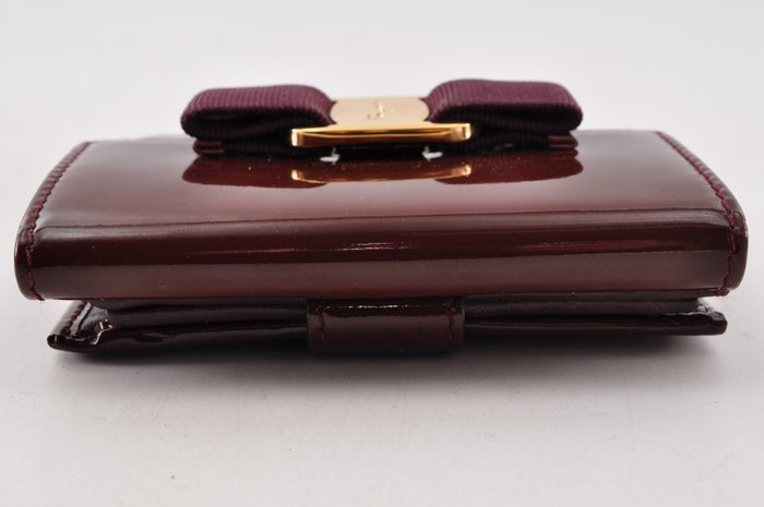 Salvatore Ferragamo Burgundy Patent Leather Bars Bow Long Wallet