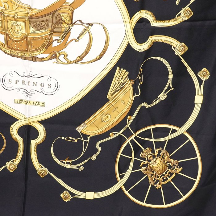 Hermès “Springs” Silk Carré Scarf 90 cm – Classic Equestrian Saddle Design