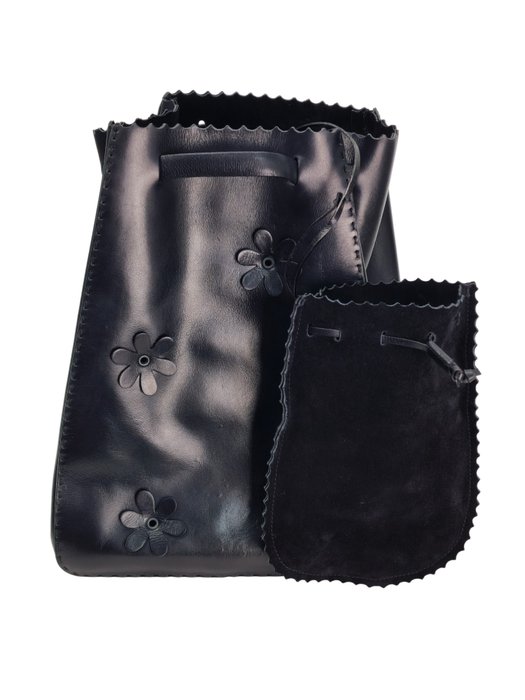 Prada Black Leather Floral Appliqué Drawstring Bag