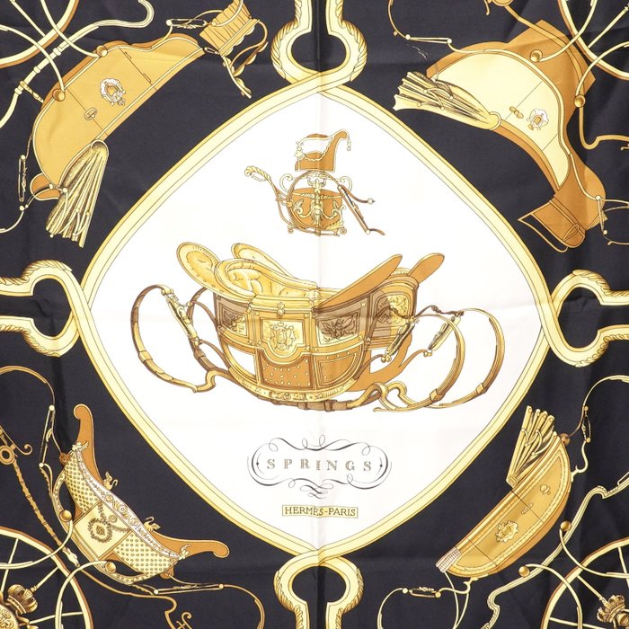 Hermès “Springs” Silk Carré Scarf 90 cm – Classic Equestrian Saddle Design