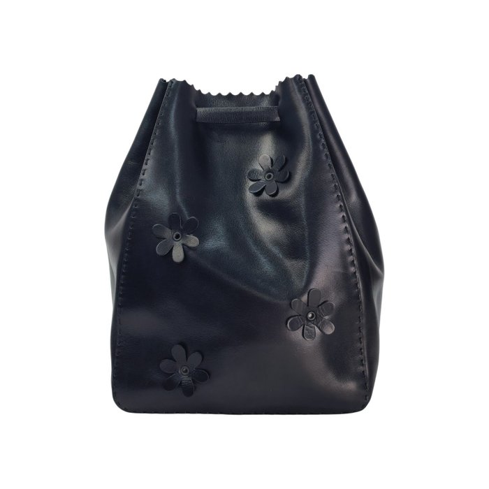 Prada Black Leather Floral Appliqué Drawstring Bag
