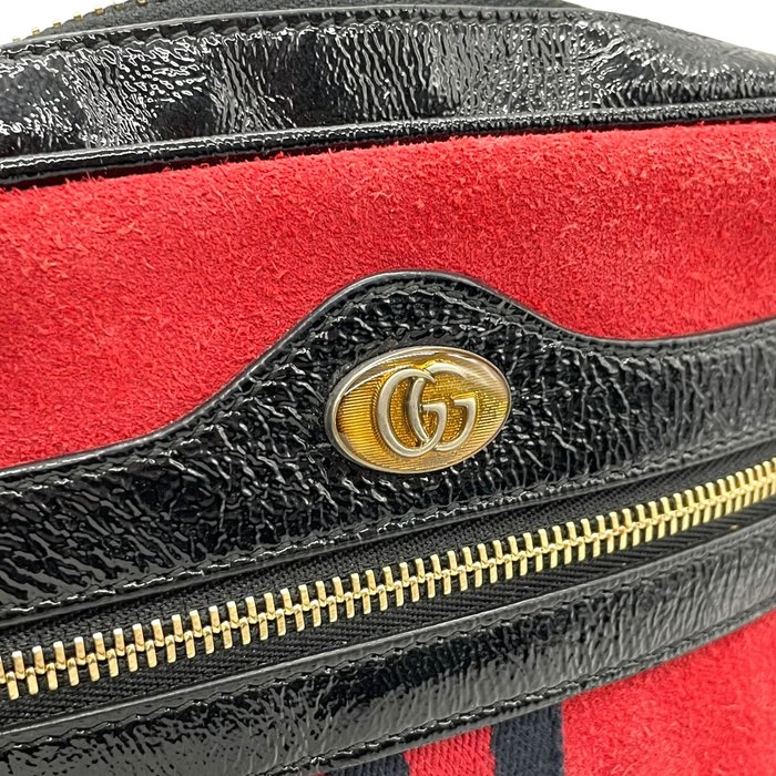 Gucci Ophidia Mini Shoulder Bag – Red Suede, Black Patent Leather &amp; Gold-Tone Hardware