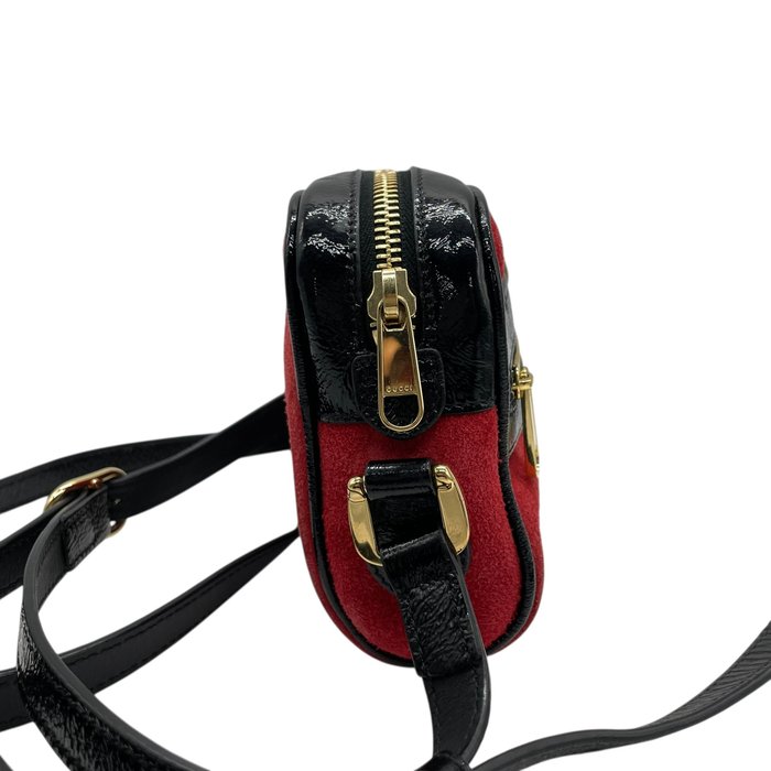 Gucci Ophidia Mini Shoulder Bag – Red Suede, Black Patent Leather &amp; Gold-Tone Hardware