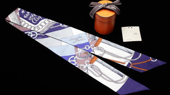 Hermès Twilly “Cliquetis” Navy Blue and Multicolour Silk Scarf