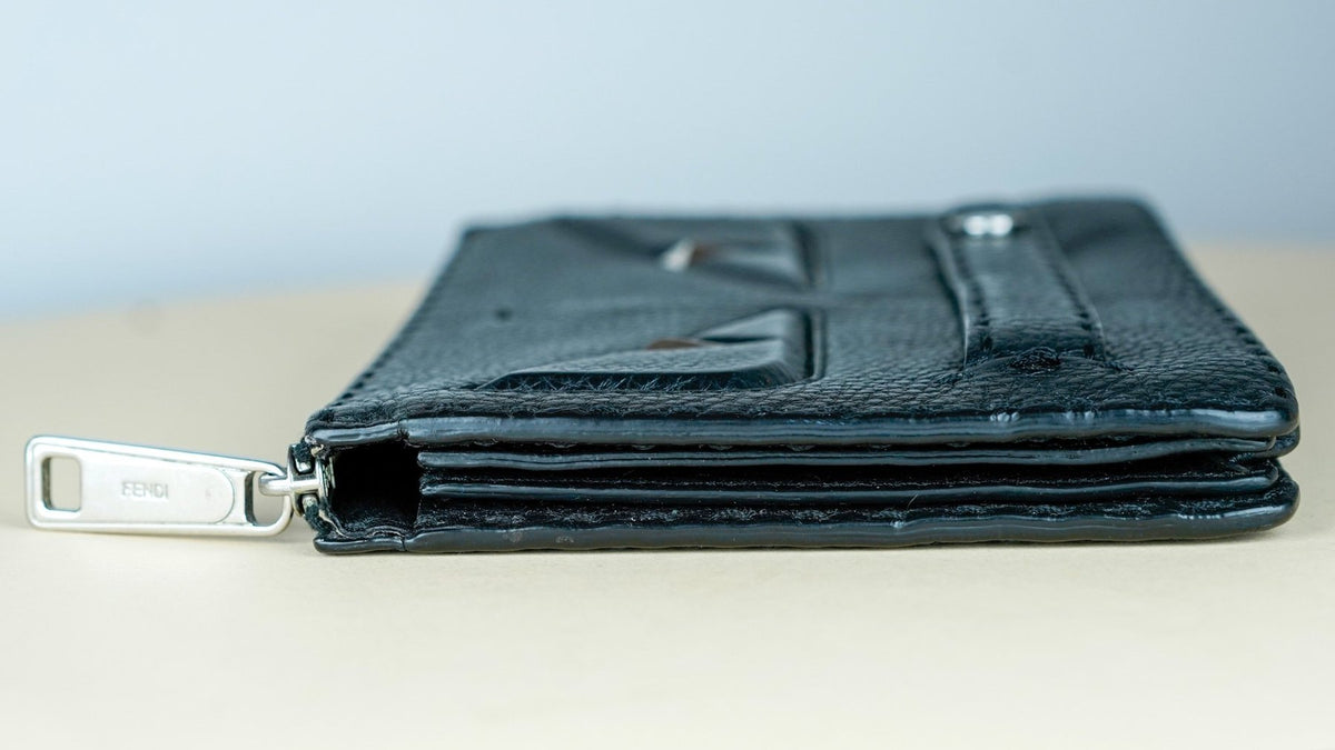 FENDI Selleria Monster Bugs Eye Clutch Leather Black Grained Leather Wallet