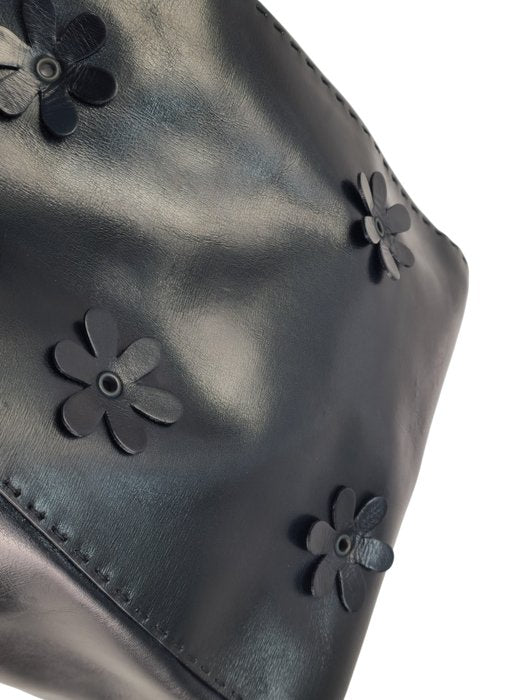 Prada Black Leather Floral Appliqué Drawstring Bag