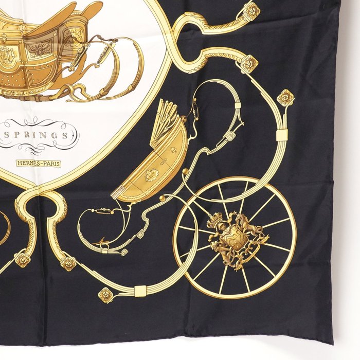 Hermès “Springs” Silk Carré Scarf 90 cm – Classic Equestrian Saddle Design