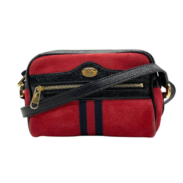 Gucci Ophidia Mini Shoulder Bag – Red Suede, Black Patent Leather &amp; Gold-Tone Hardware