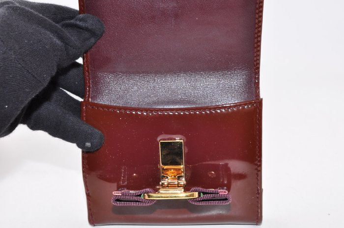 Salvatore Ferragamo Burgundy Patent Leather Bars Bow Long Wallet