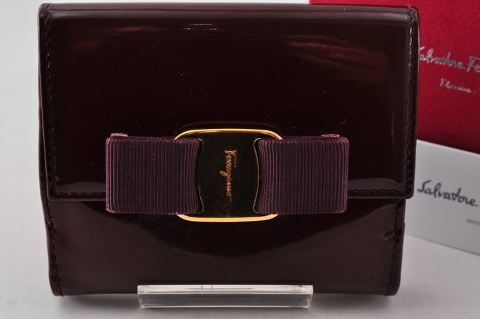 Salvatore Ferragamo Burgundy Patent Leather Bars Bow Long Wallet