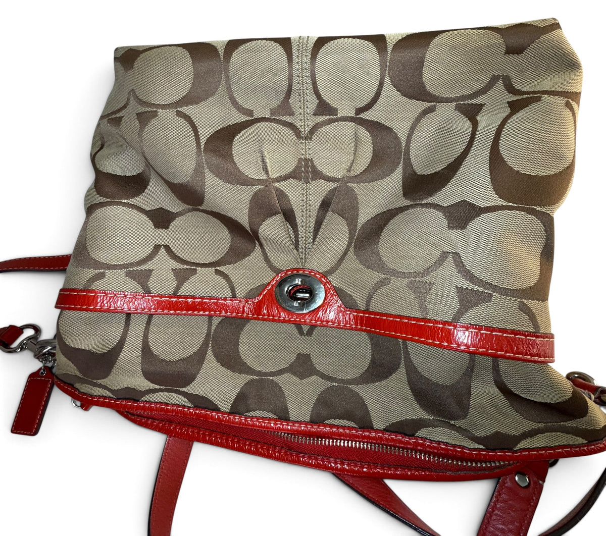 Coach Signature Canvas Red Leather 2-Way Monogram Shoulder Bag – Style F14852