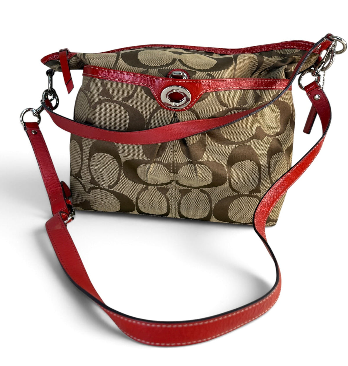 Coach Signature Canvas Red Leather 2-Way Monogram Shoulder Bag – Style F14852
