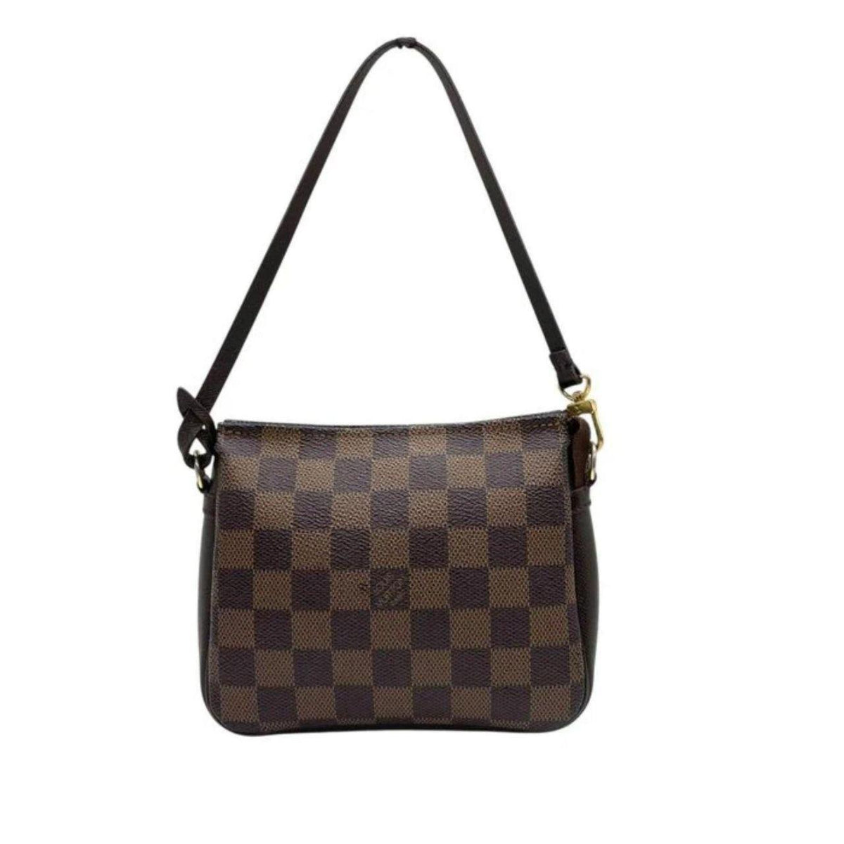 Louis Vuitton Pochette Accessoire brown Damier Ebene canvas handbag with gold hardware.