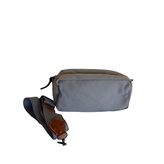 Miu Miu mini crossbody bag light grey canvas with brown leather trim and logo.