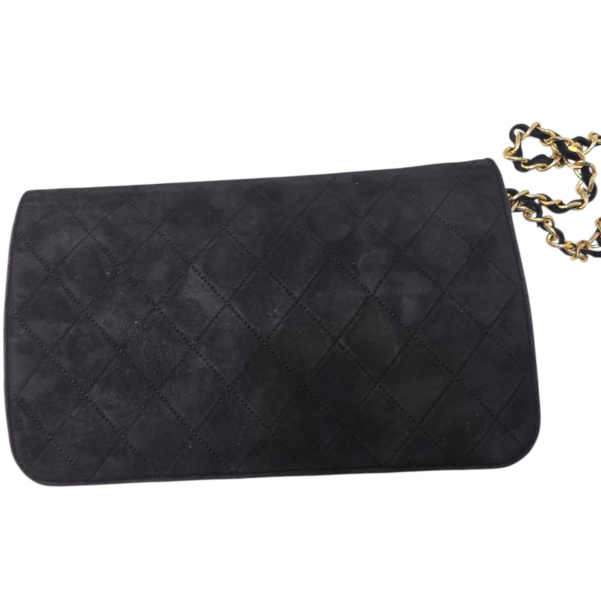 Chanel black quilted suede crossbody bag with gold chain and leather woven strap.