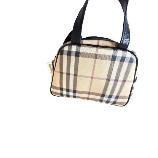 Burberry beige checkered top handle handbag with black leather trim and zipper closure.