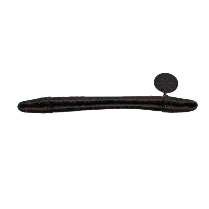 Bottega Veneta brown leather pouch with intrecciato weave and zip-around closure.