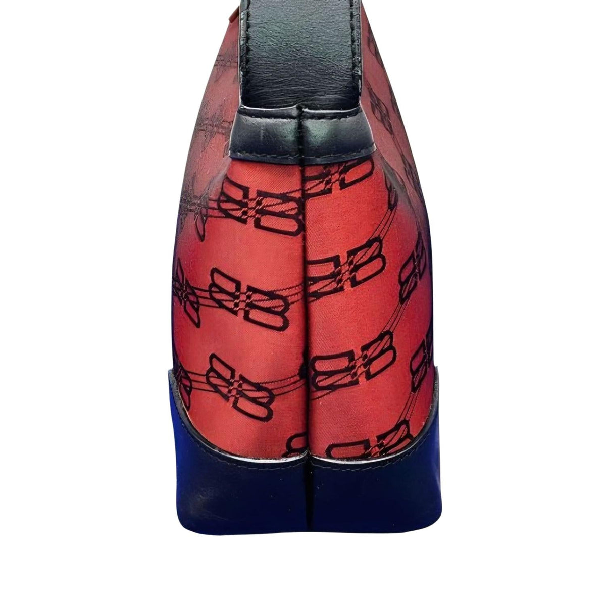 Balenciaga black and red shoulder bag with signature monogram and adjustable strap.