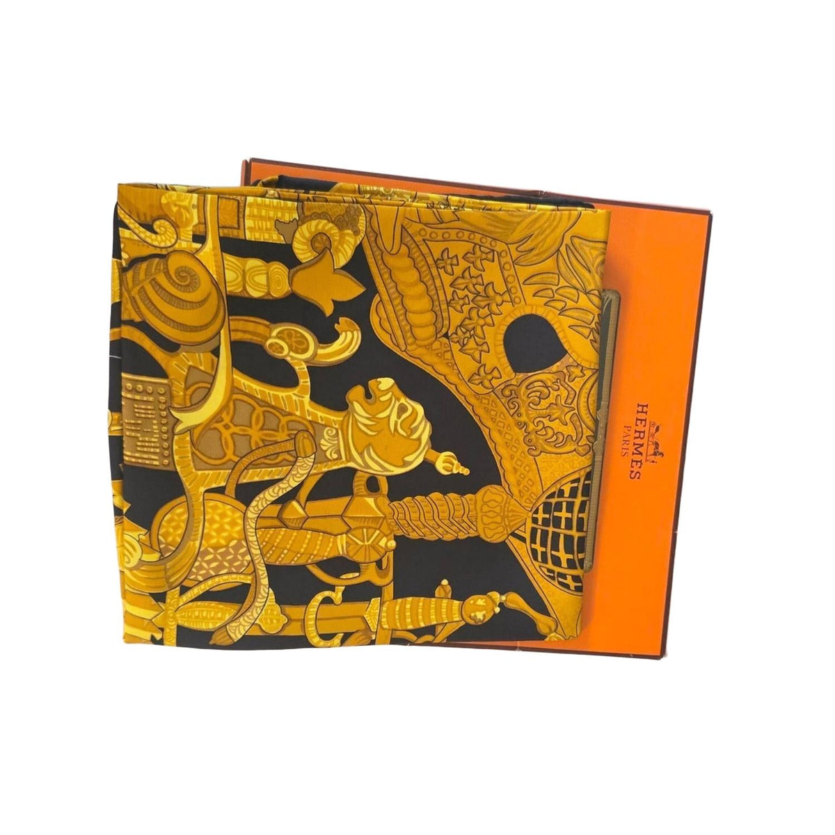 Hermès silk scarf black and gold with intricate Armets en Panache design and hand-rolled edges.