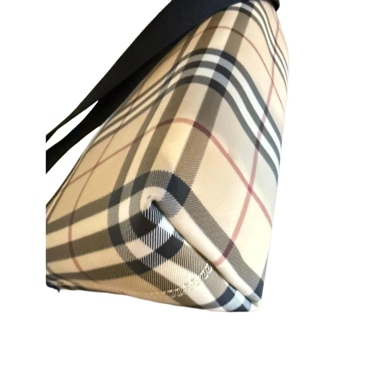 Burberry beige messenger bag with classic Nova Check pattern and silver-tone hardware.