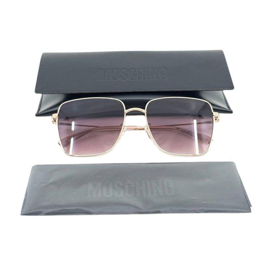 Moschino gold sunglasses with pink tinted lenses and iconic logo on temples.