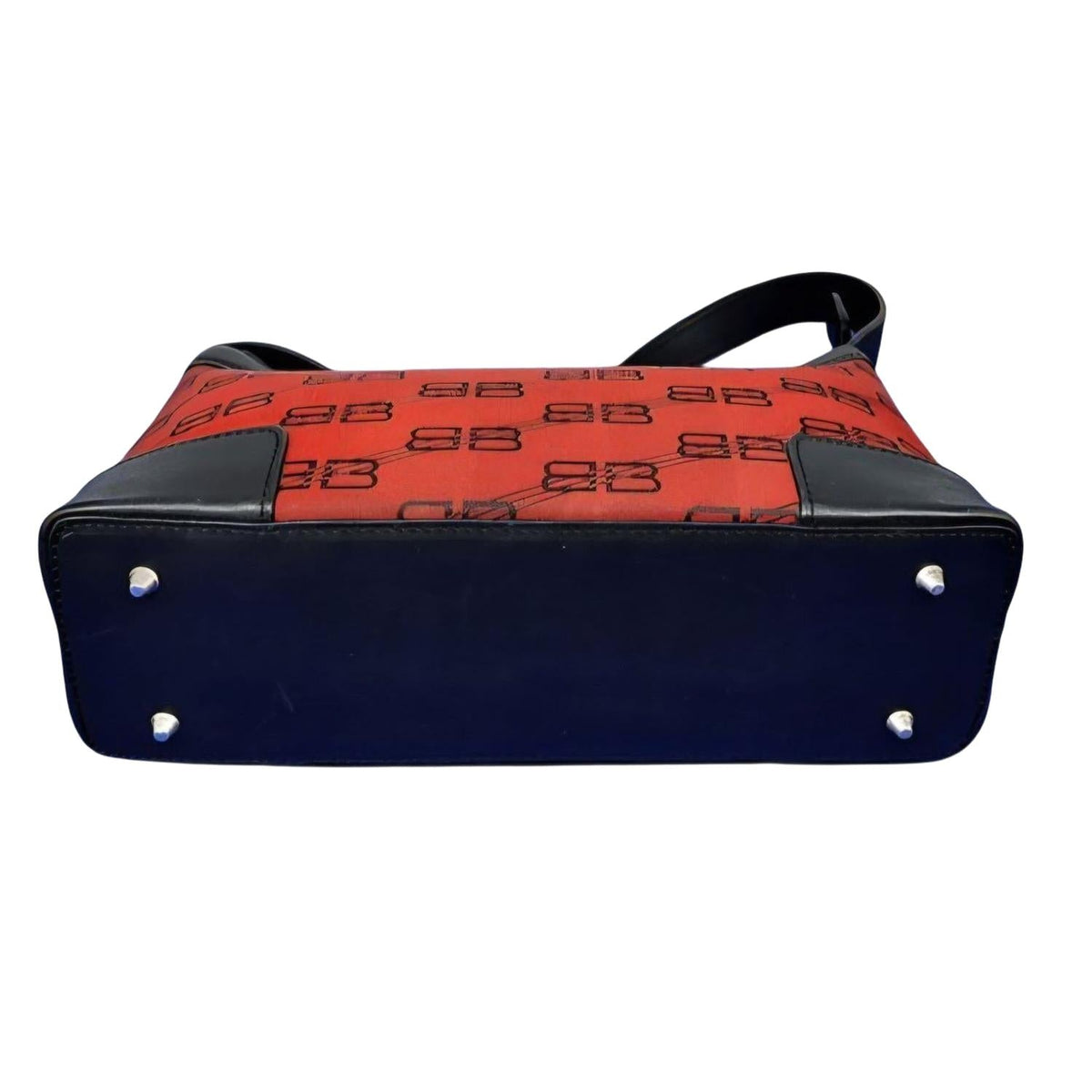 Balenciaga black and red shoulder bag with signature monogram and adjustable strap.