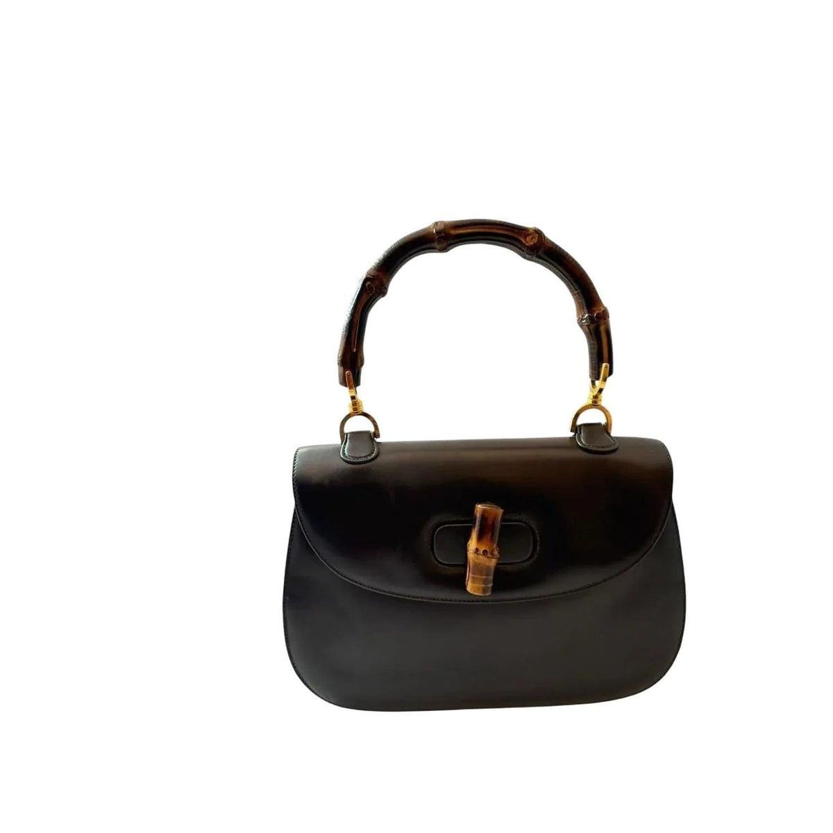 Gucci black handbag with bamboo handle and gold-tone hardware, smooth leather finish.