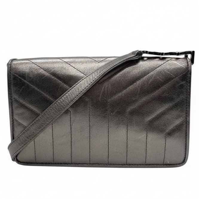 Yves Saint Laurent grey metallic shoulder bag with quilted design and silver tone hardware.