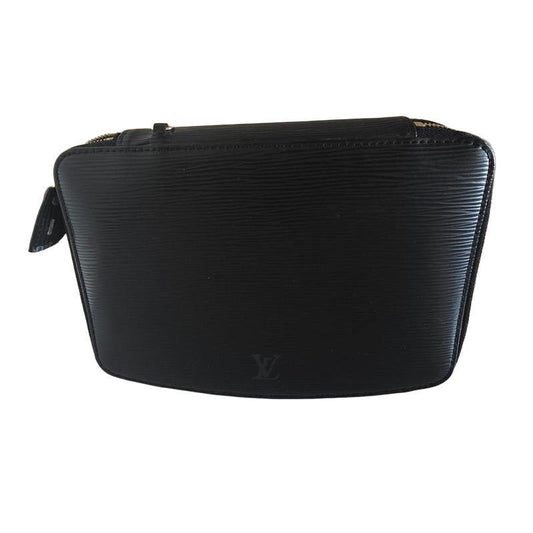 Louis Vuitton black Epi leather jewellery box with gold-tone hardware and grey microfiber lining.