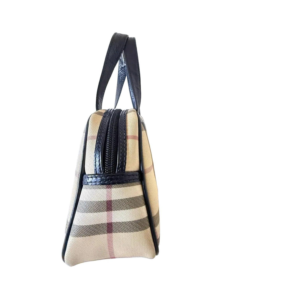 Burberry beige checkered top handle handbag with black leather trim and zipper closure.