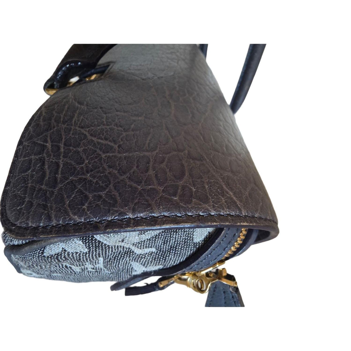Louis Vuitton gold and grey handbag with monogram canvas and gold-plated accents.
